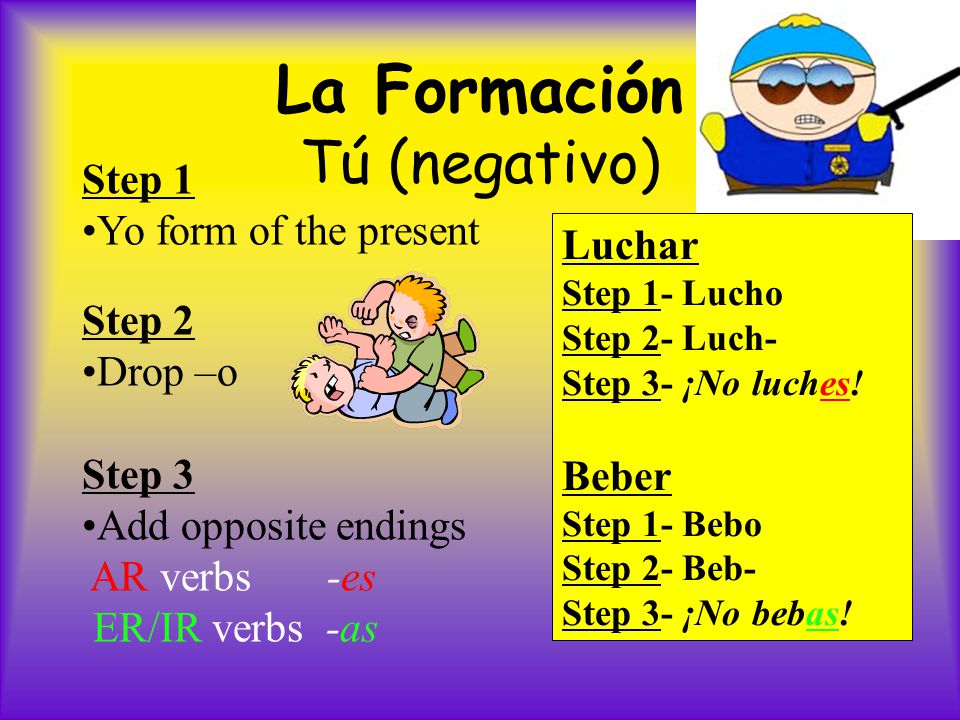 La Formación Tú (negativo) Step 1 Yo form of the present Step 2 Drop –o Step 3 Add opposite endings AR verbs -es ER/IR verbs -as Luchar Step 1- Lucho Step 2- Luch- Step 3- ¡No luches.