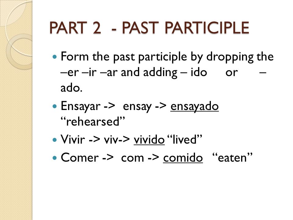 PART 2 - PAST PARTICIPLE Form the past participle by dropping the –er –ir –ar and adding – ido or – ado.