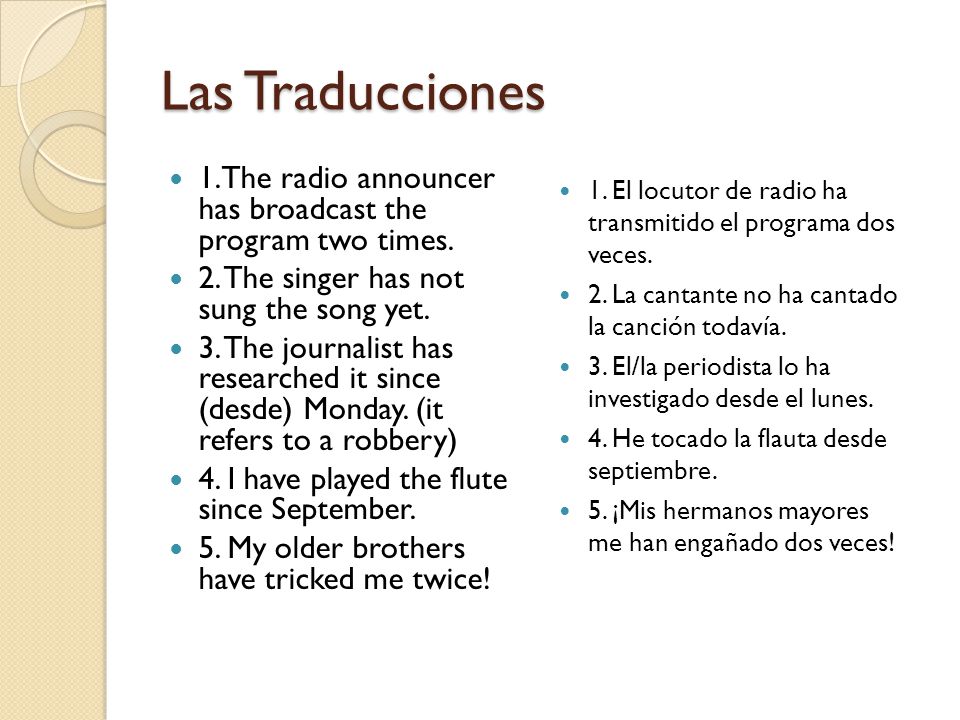 Las Traducciones 1.The radio announcer has broadcast the program two times.