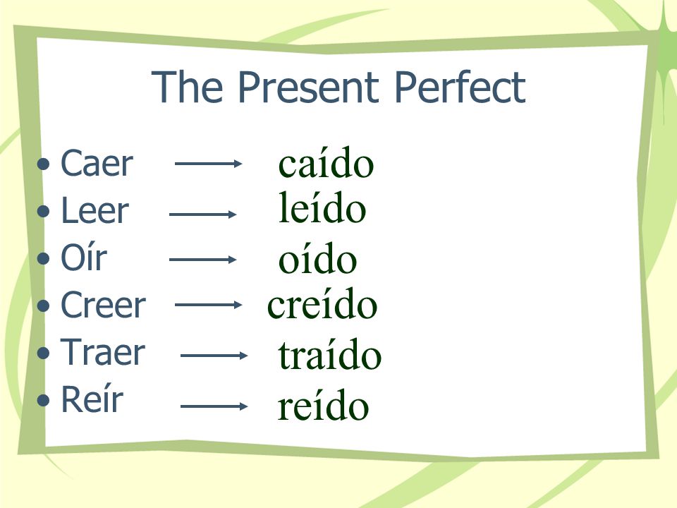 The Present Perfect Certain verbs that have a double vowel in the infinitive form (except those with the double vowel ui) require an accent mark on the i in the past participle….