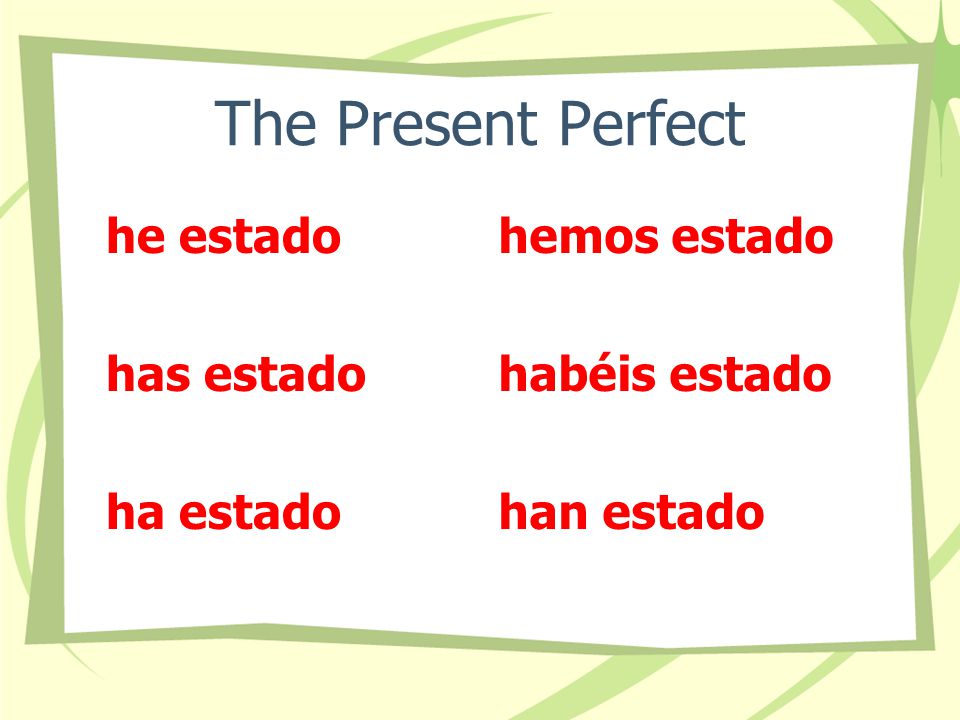 The Present Perfect I have been You have been He, She, it has been We have been You all have been They have been