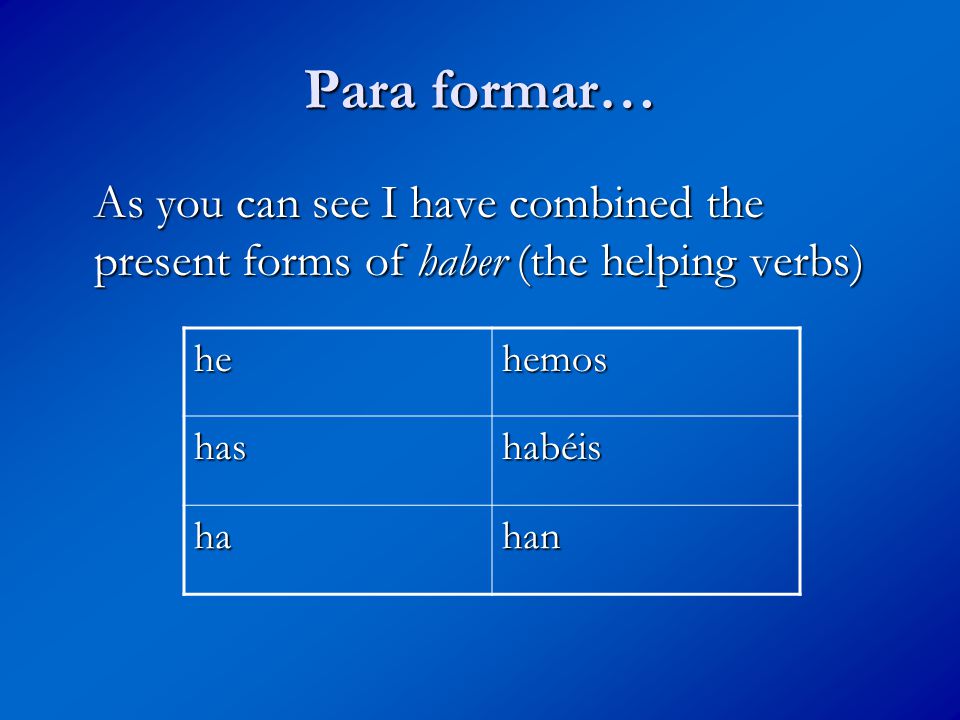 Para formar… As you can see I have combined the present forms of haber (the helping verbs) hehemos hashabéis hahan