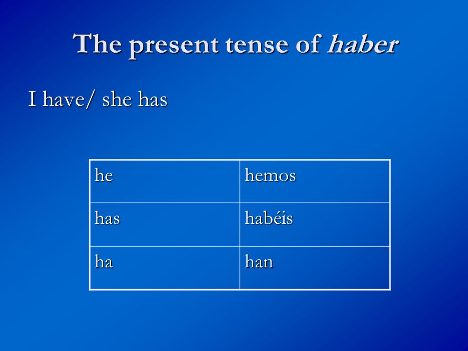 The present tense of haber I have/ she has hehemos hashabéis hahan