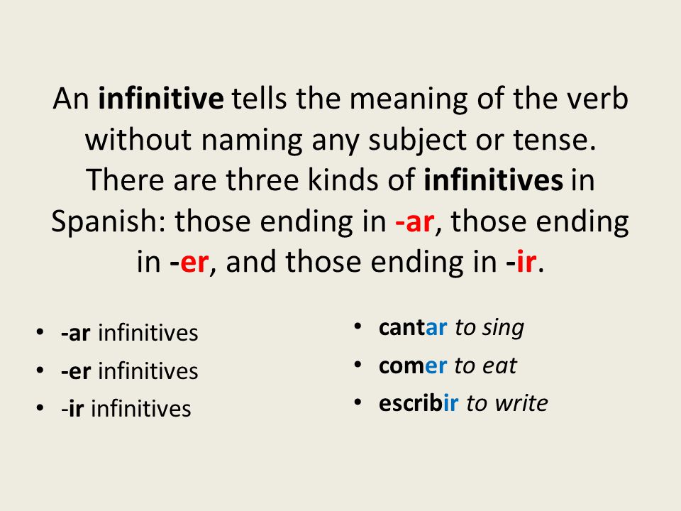 An infinitive tells the meaning of the verb without naming any subject or tense.