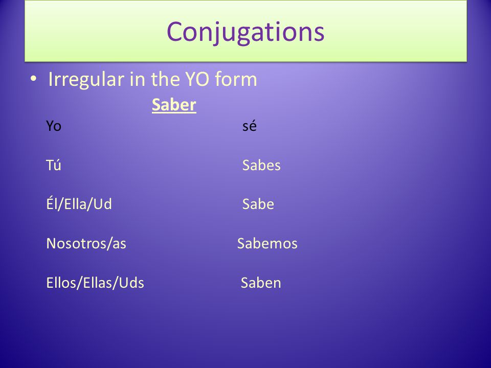 Conjugations Irregular in the YO form Saber Yo sé Tú Sabes Él/Ella/Ud Sabe Nosotros/as Sabemos Ellos/Ellas/Uds Saben
