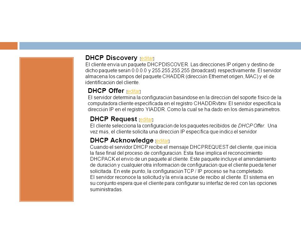 DHCP Discovery [ editar ] editar El cliente env í a un paquete DHCPDISCOVER.