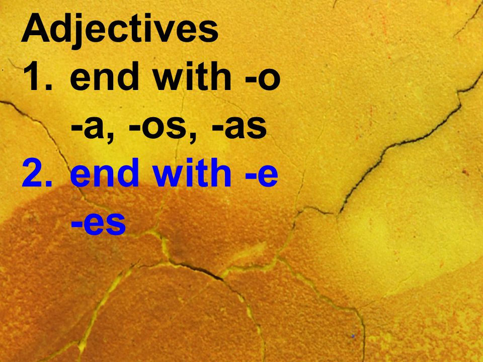 Adjectives 1.end with -o -a, -os, -as 2.end with -e -es