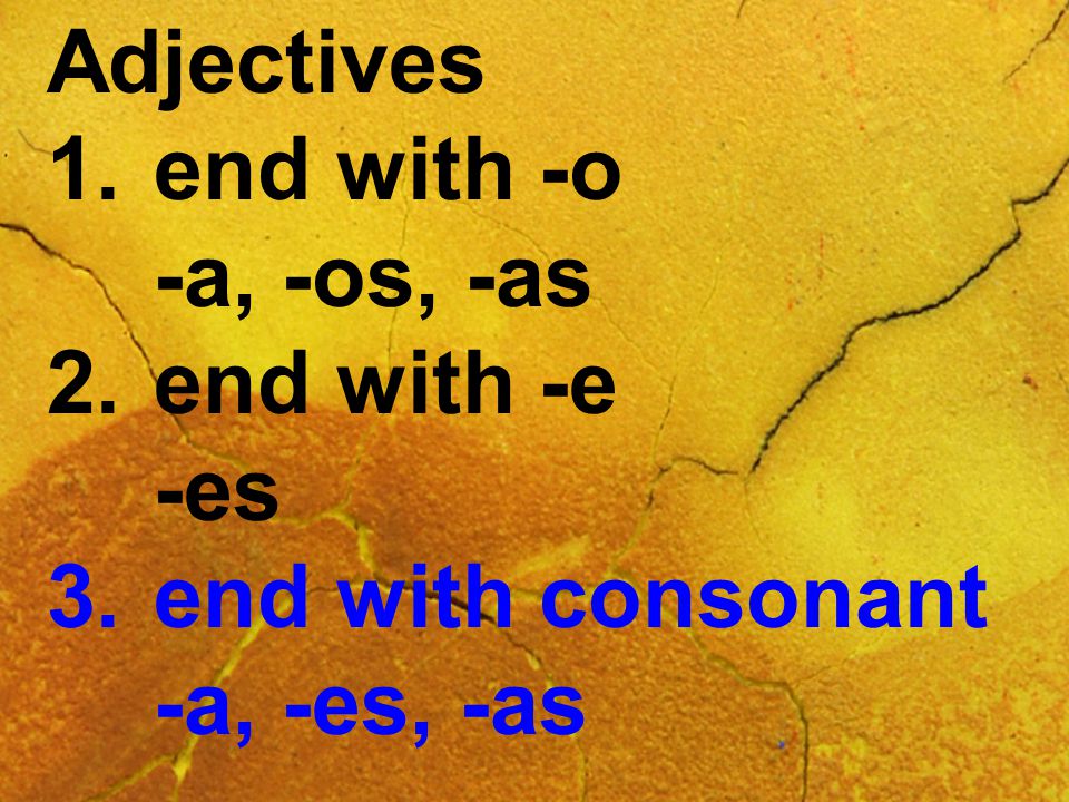 Adjectives 1.end with -o -a, -os, -as 2.end with -e -es 3.end with consonant -a, -es, -as