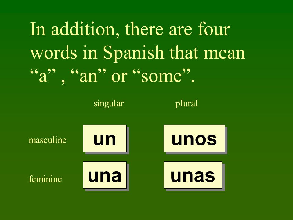 In addition, there are four words in Spanish that mean a , an or some .