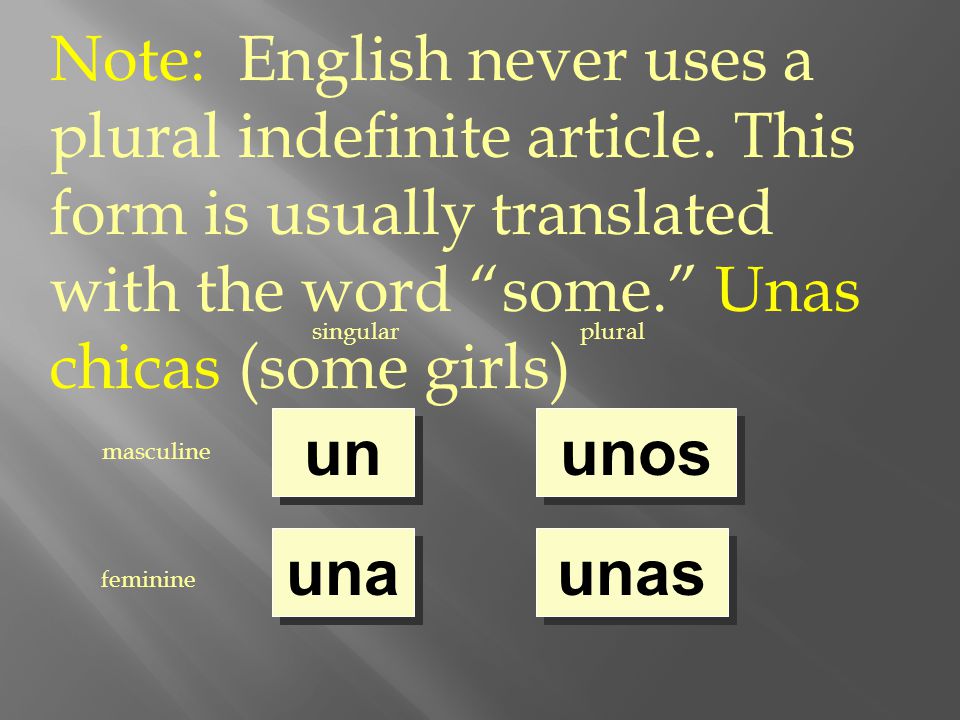 singularplural masculine feminine un una unos unas Note: English never uses a plural indefinite article.
