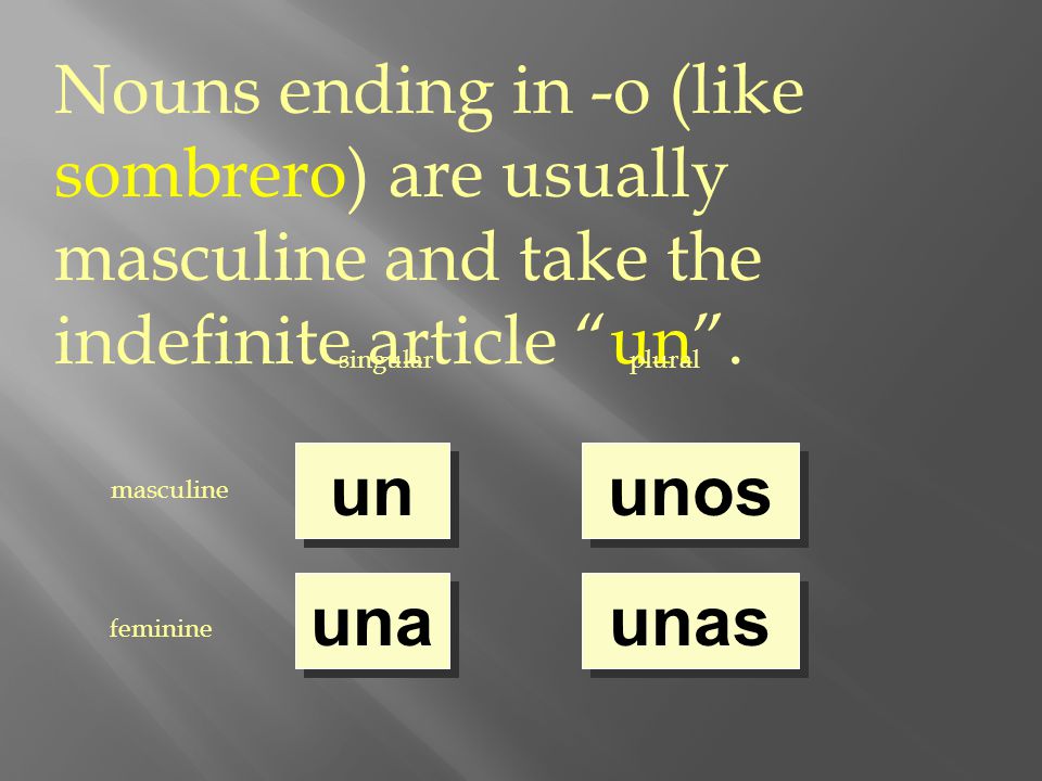 Nouns ending in -o (like sombrero) are usually masculine and take the indefinite article un .