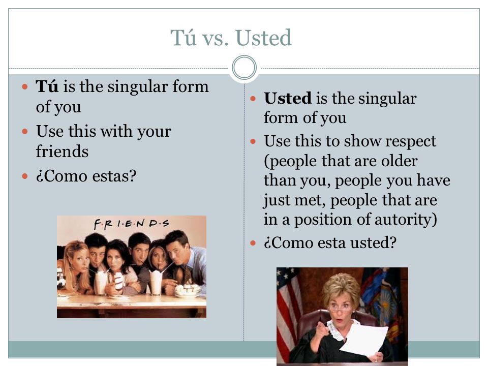 Tú vs. Usted Tú is the singular form of you Use this with your friends ¿Como estas.