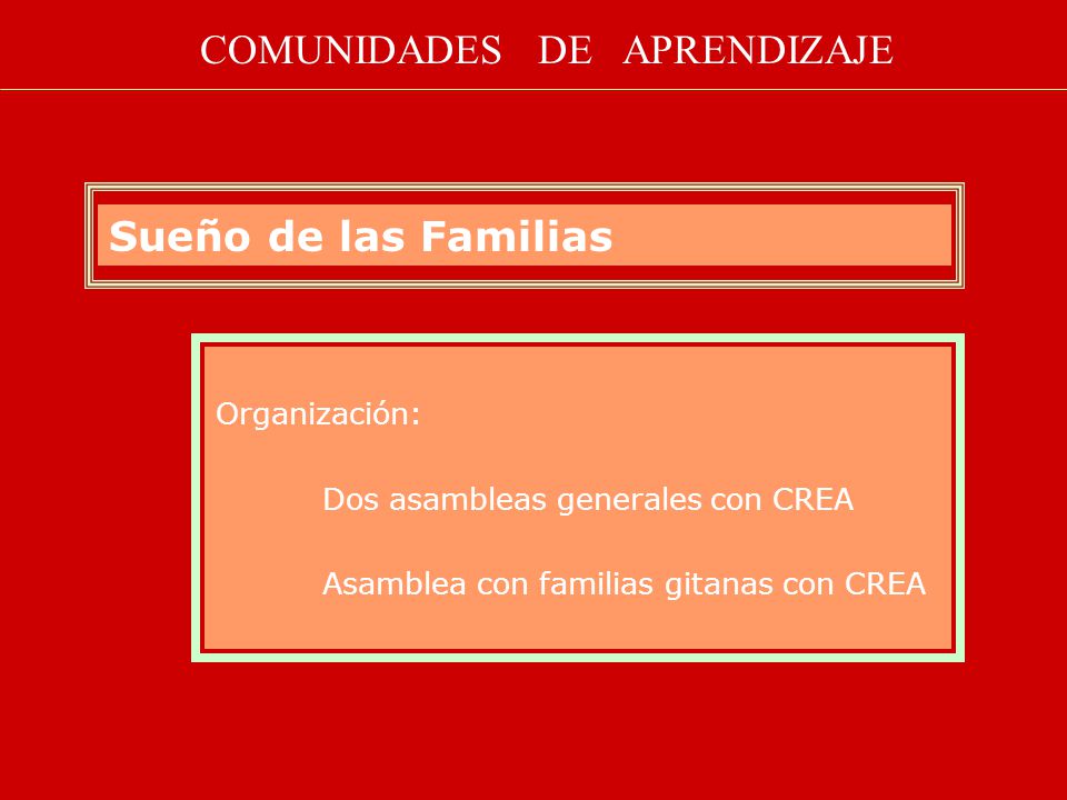 Organización: Dos asambleas generales con CREA Asamblea con familias gitanas con CREA Sueño de las Familias COMUNIDADES DE APRENDIZAJE