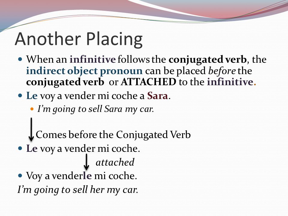 Another Placing When an infinitive follows the conjugated verb, the indirect object pronoun can be placed before the conjugated verb or ATTACHED to the infinitive.