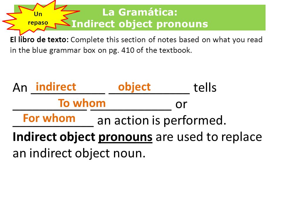 La Gramática: Indirect object pronouns El libro de texto: Complete this section of notes based on what you read in the blue grammar box on pg.