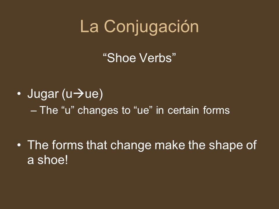 La Conjugación Shoe Verbs Jugar (u  ue) –The u changes to ue in certain forms The forms that change make the shape of a shoe!