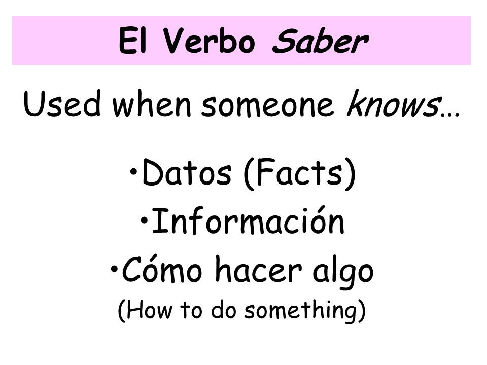 El Verbo Saber Used when someone knows… Datos (Facts) Información Cómo hacer algo (How to do something)