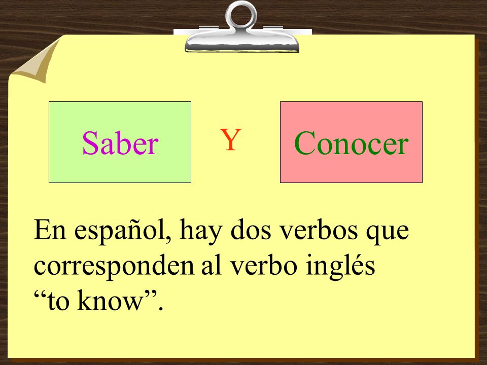 En español, hay dos verbos que corresponden al verbo inglés to know . SaberConocer Y