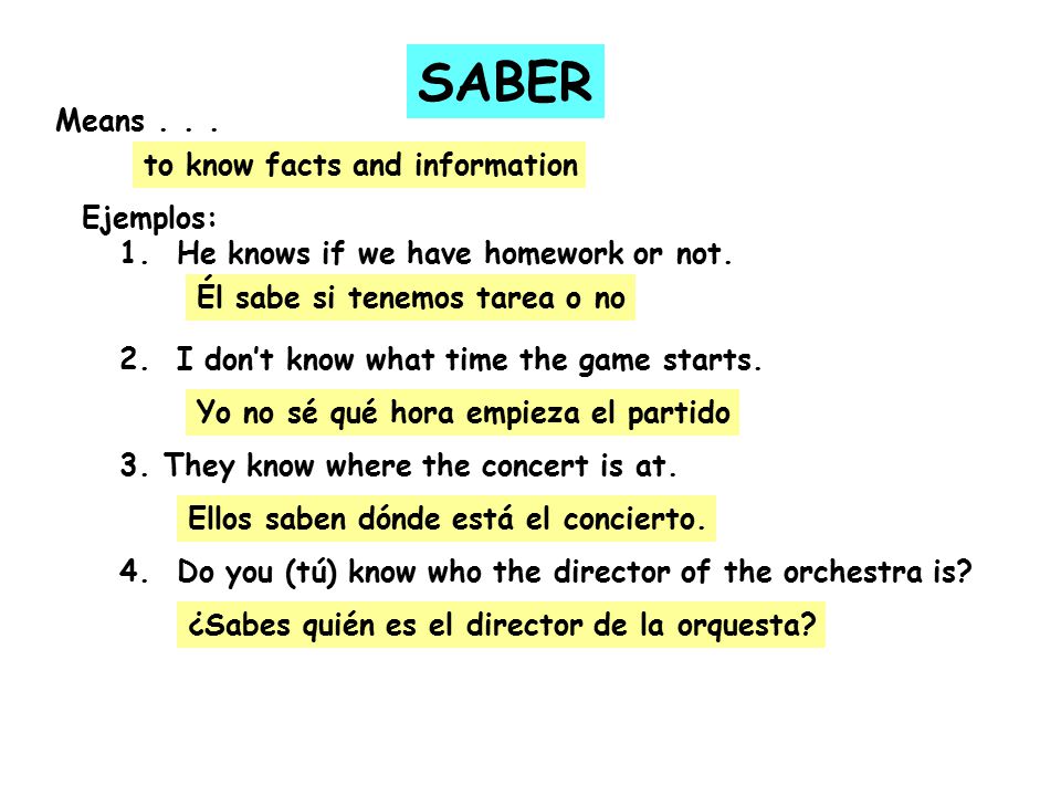 SABER Means... to know facts and information Ejemplos: 1.