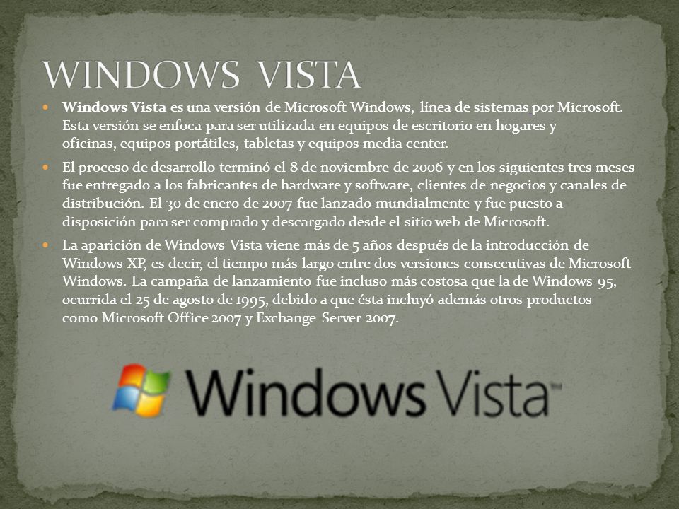 Windows Vista es una versión de Microsoft Windows, línea de sistemas por Microsoft.