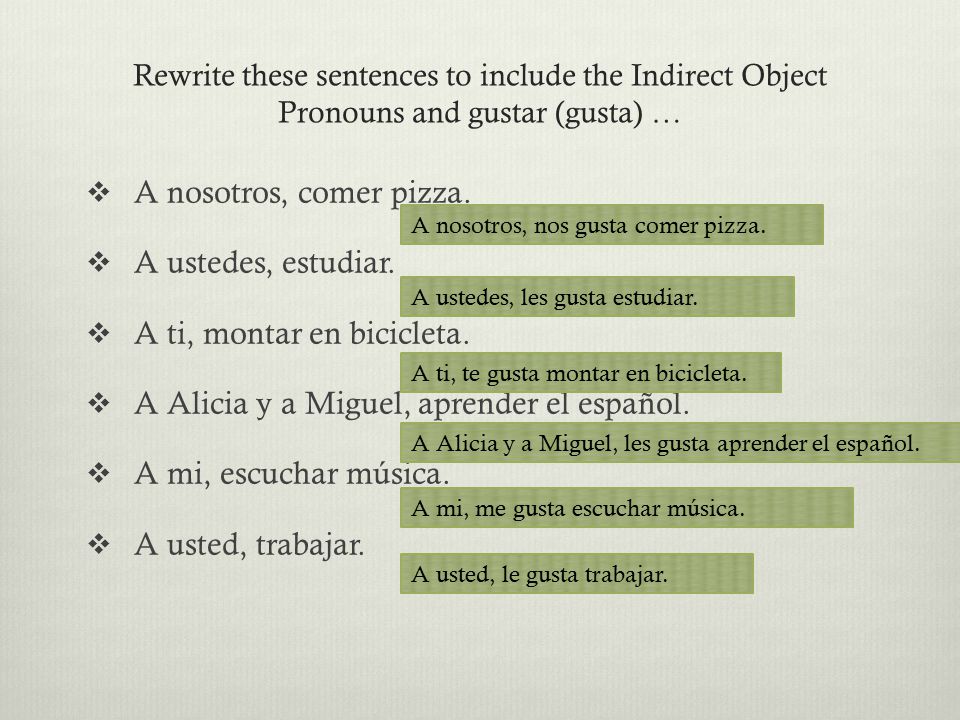Rewrite these sentences to include the Indirect Object Pronouns and gustar (gusta) …  A nosotros, comer pizza.