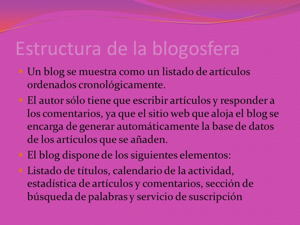Estructura de la blogosfera Un blog se muestra como un listado de artículos ordenados cronológicamente.