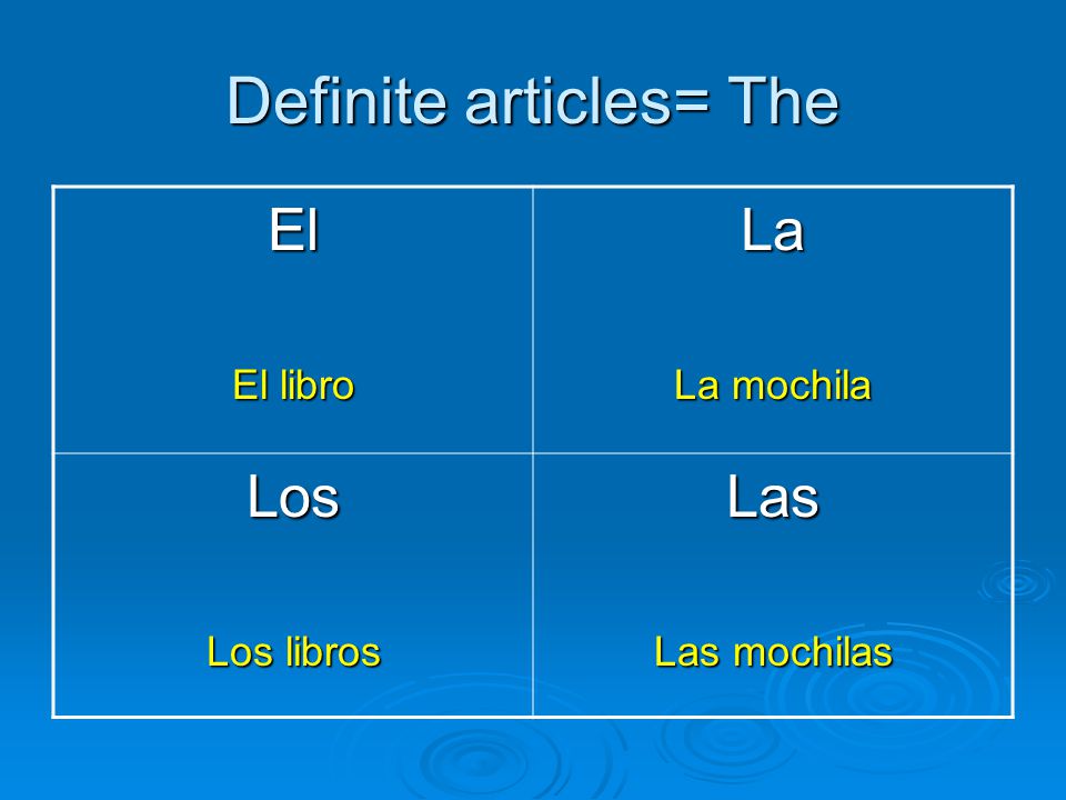 Definite articles= The El El libro La La mochila Los Los libros Las Las mochilas