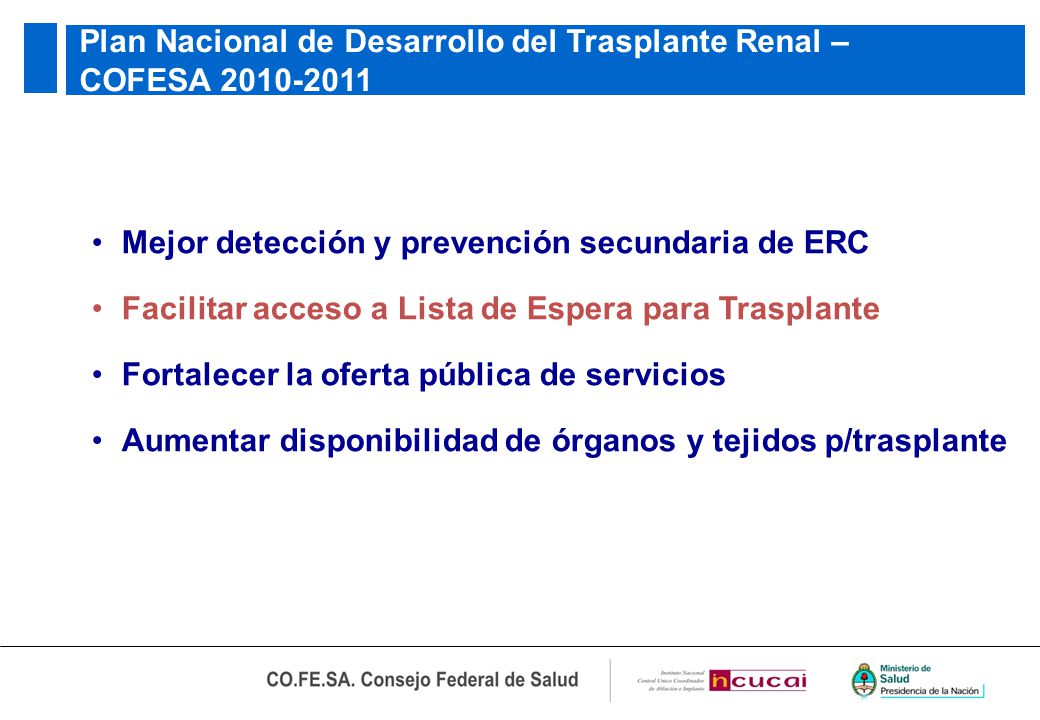 Mejor detección y prevención secundaria de ERC Facilitar acceso a Lista de Espera para Trasplante Fortalecer la oferta pública de servicios Aumentar disponibilidad de órganos y tejidos p/trasplante Plan Nacional de Desarrollo del Trasplante Renal – COFESA