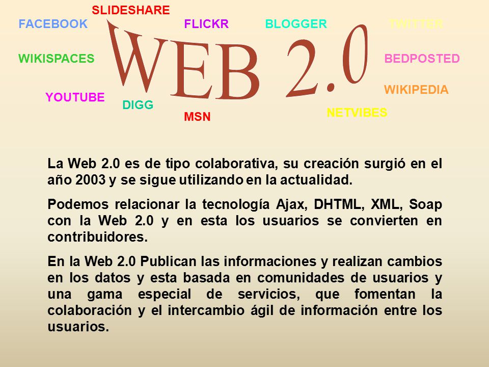 La Web 2.0 es de tipo colaborativa, su creación surgió en el año 2003 y se sigue utilizando en la actualidad.