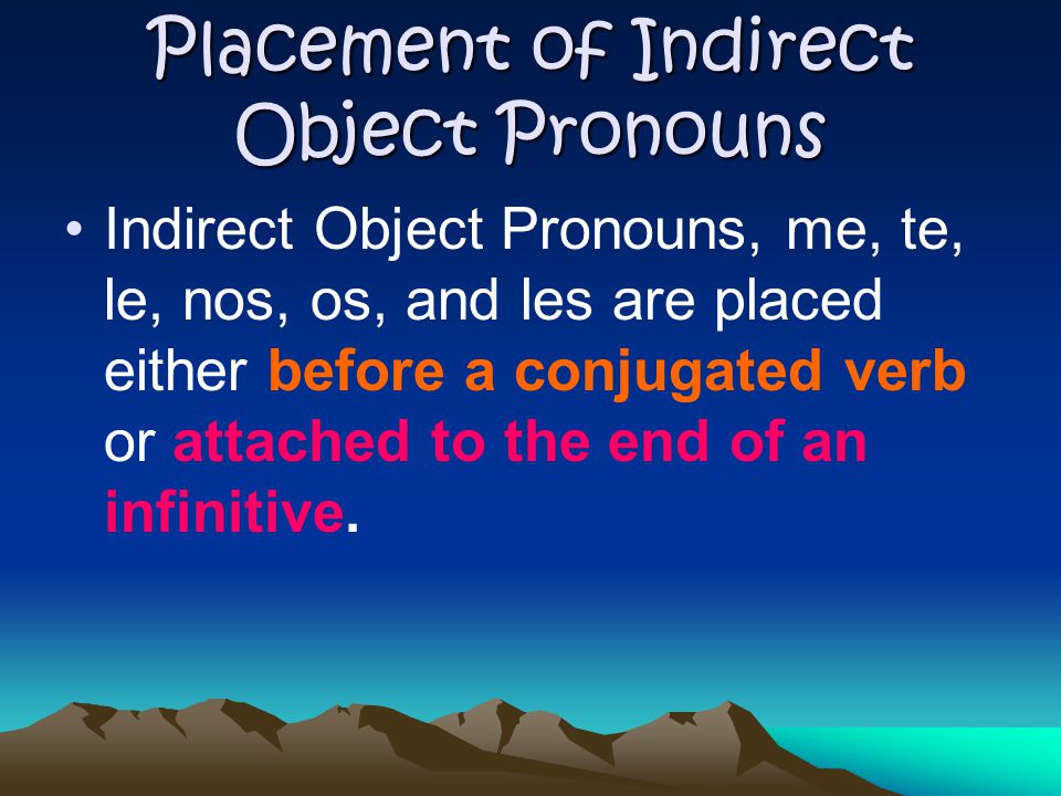 Indirect Object Pronouns (Spanish) me(to or for me) te(to or for you) le(to or for him, her, it) nos (to or for us) os (to or for you all) (fam) les (to or for them, you all)