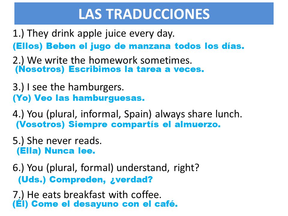LAS TRADUCCIONES 1.) They drink apple juice every day.