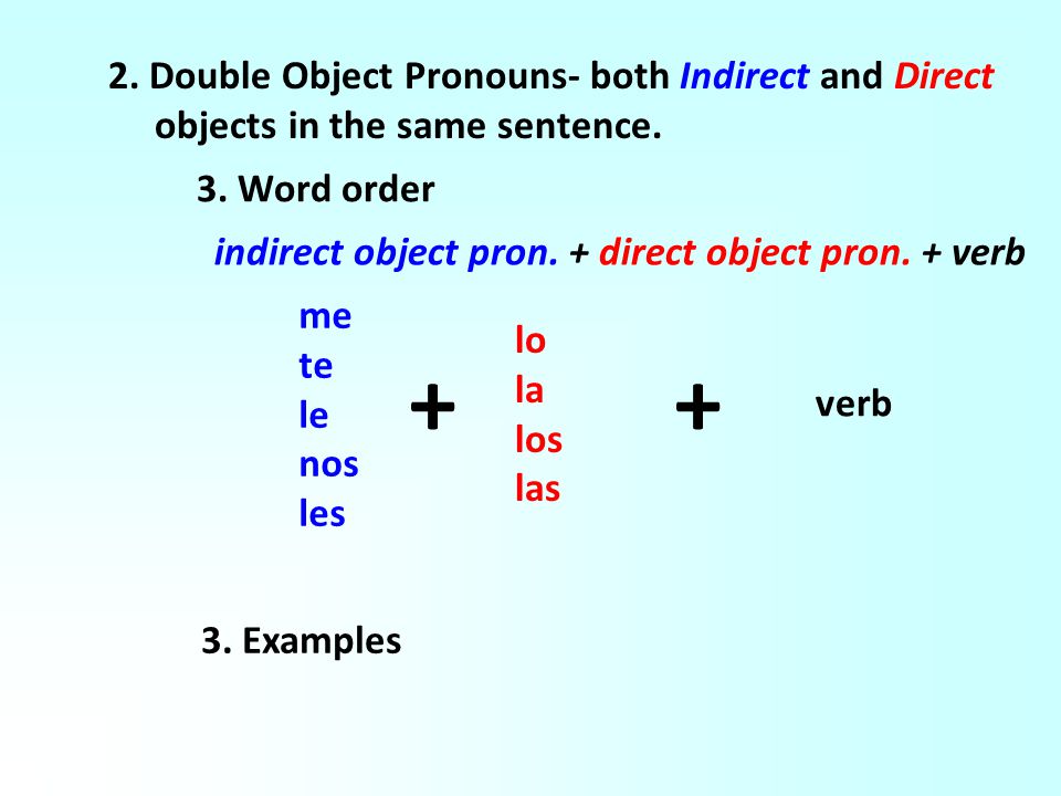 2. Double Object Pronouns- both Indirect and Direct objects in the same sentence.