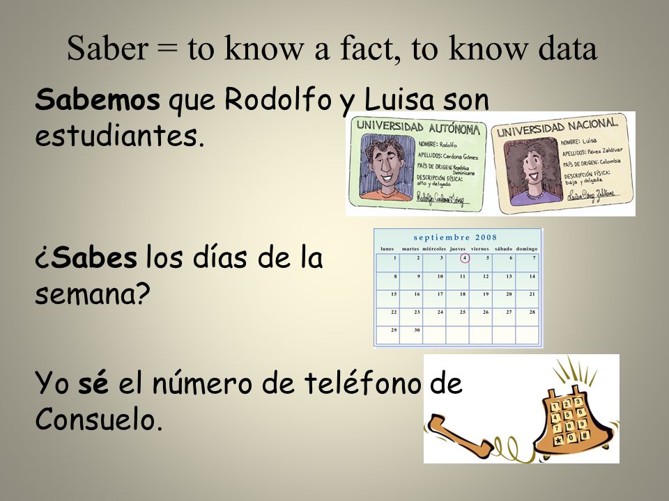 Saber = to know a fact, to know data Sabemos que Rodolfo y Luisa son estudiantes.