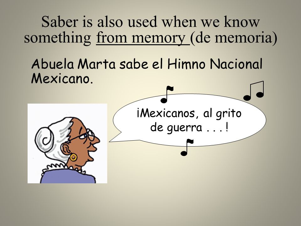 Saber is also used when we know something from memory (de memoria) Abuela Marta sabe el Himno Nacional Mexicano.