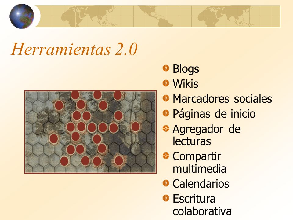 Herramientas 2.0 Blogs Wikis Marcadores sociales Páginas de inicio Agregador de lecturas Compartir multimedia Calendarios Escritura colaborativa