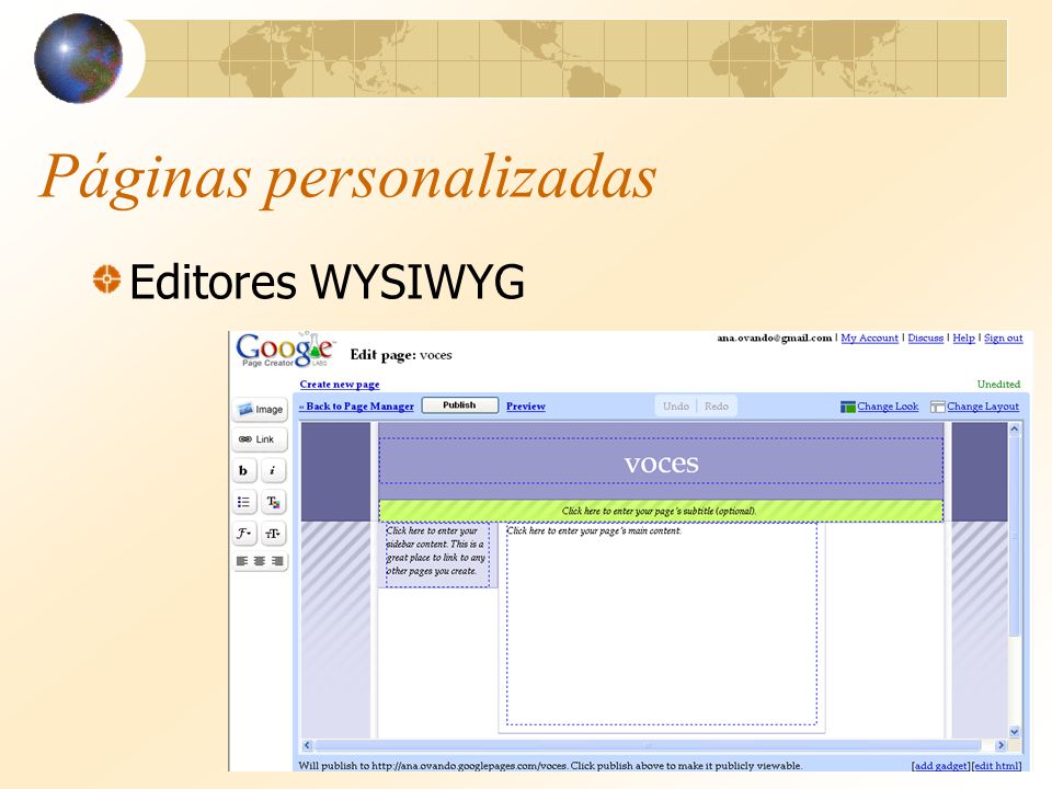Páginas personalizadas Editores WYSIWYG