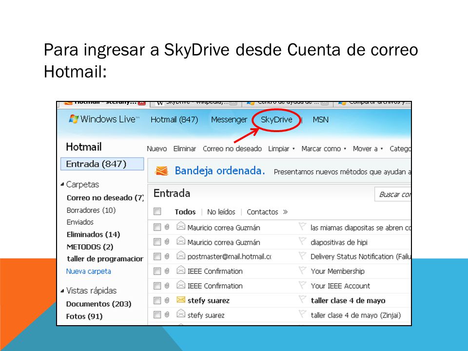 Para ingresar a SkyDrive desde Cuenta de correo Hotmail: