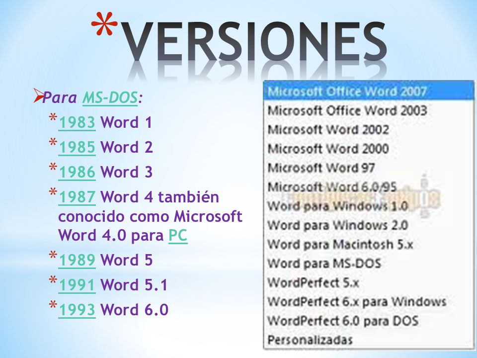  Para MS-DOS:MS-DOS * 1983 Word * 1985 Word * 1986 Word * 1987 Word 4 también conocido como Microsoft Word 4.0 para PC 1987PC * 1989 Word * 1991 Word * 1993 Word