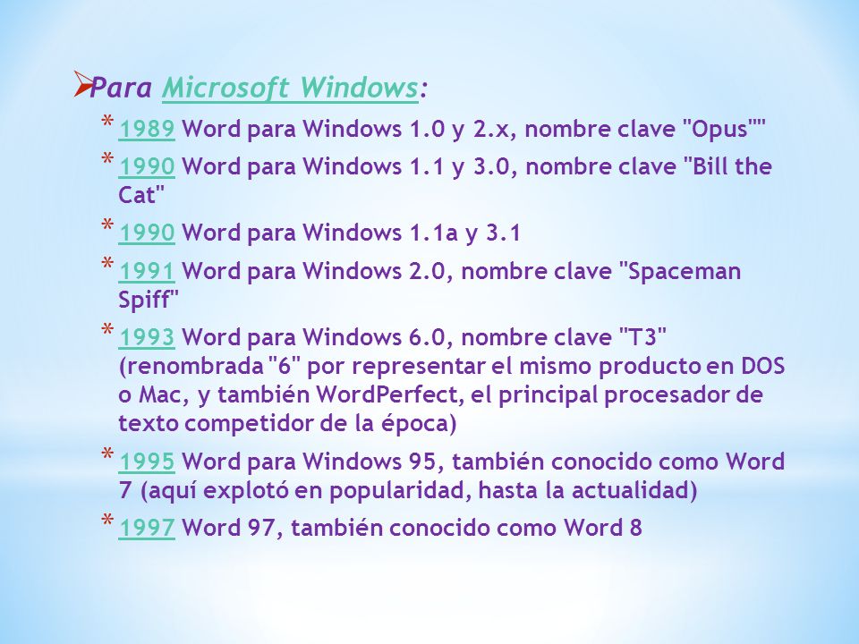  Para Microsoft Windows:Microsoft Windows * 1989 Word para Windows 1.0 y 2.x, nombre clave Opus 1989 * 1990 Word para Windows 1.1 y 3.0, nombre clave Bill the Cat 1990 * 1990 Word para Windows 1.1a y * 1991 Word para Windows 2.0, nombre clave Spaceman Spiff 1991 * 1993 Word para Windows 6.0, nombre clave T3 (renombrada 6 por representar el mismo producto en DOS o Mac, y también WordPerfect, el principal procesador de texto competidor de la época) 1993 * 1995 Word para Windows 95, también conocido como Word 7 (aquí explotó en popularidad, hasta la actualidad) 1995 * 1997 Word 97, también conocido como Word