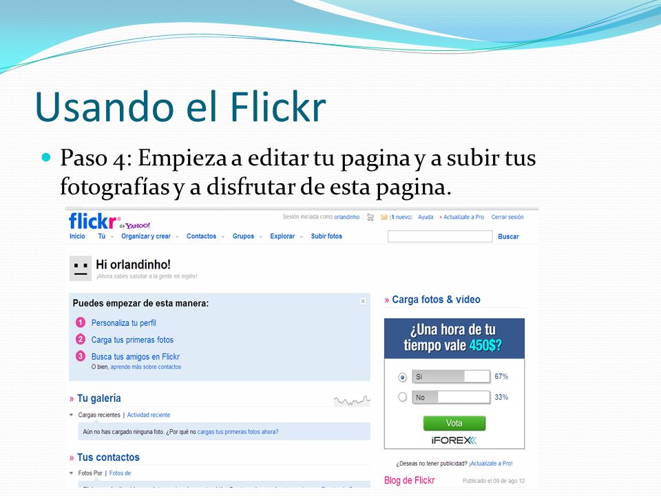 Usando el Flickr Paso 4: Empieza a editar tu pagina y a subir tus fotografías y a disfrutar de esta pagina.