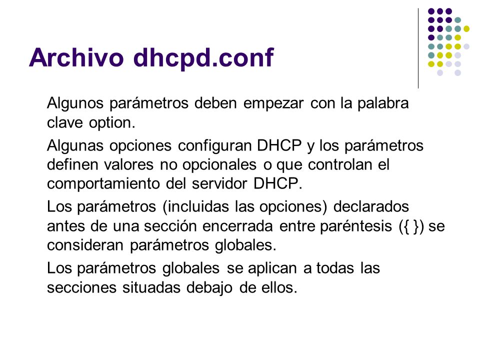 Archivo dhcpd.conf Algunos parámetros deben empezar con la palabra clave option.