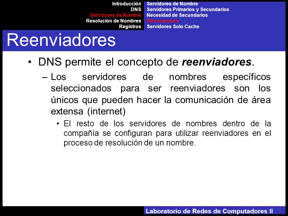 Laboratorio de Redes de Computadores II DNS permite el concepto de reenviadores.