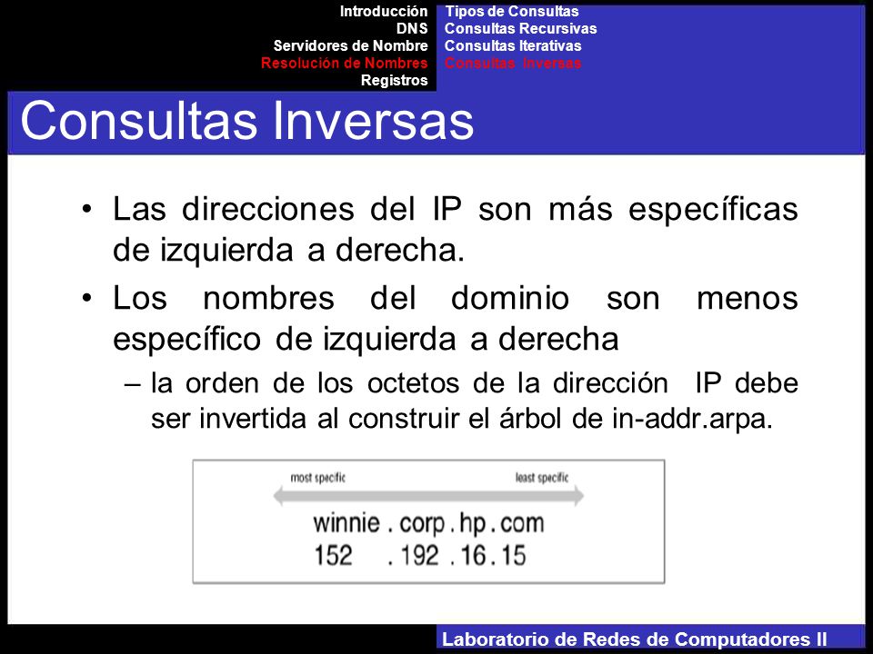 Laboratorio de Redes de Computadores II Las direcciones del IP son más específicas de izquierda a derecha.