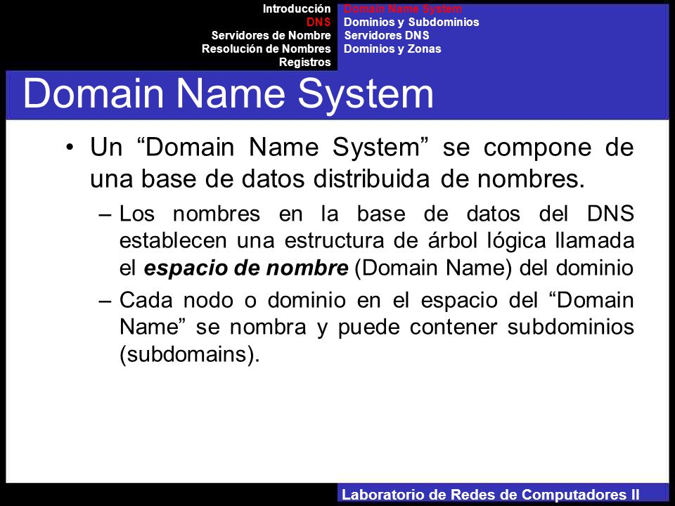 Laboratorio de Redes de Computadores II Un Domain Name System se compone de una base de datos distribuida de nombres.