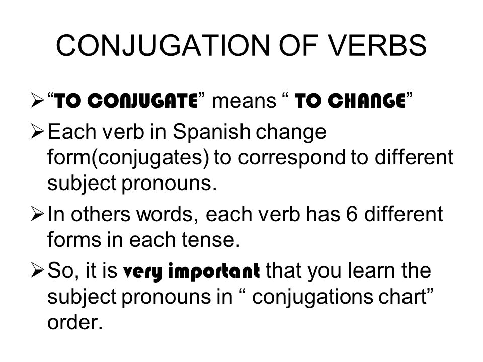 CONJUGATION OF VERBS  TO CONJUGATE means TO CHANGE  Each verb in Spanish change form(conjugates) to correspond to different subject pronouns.