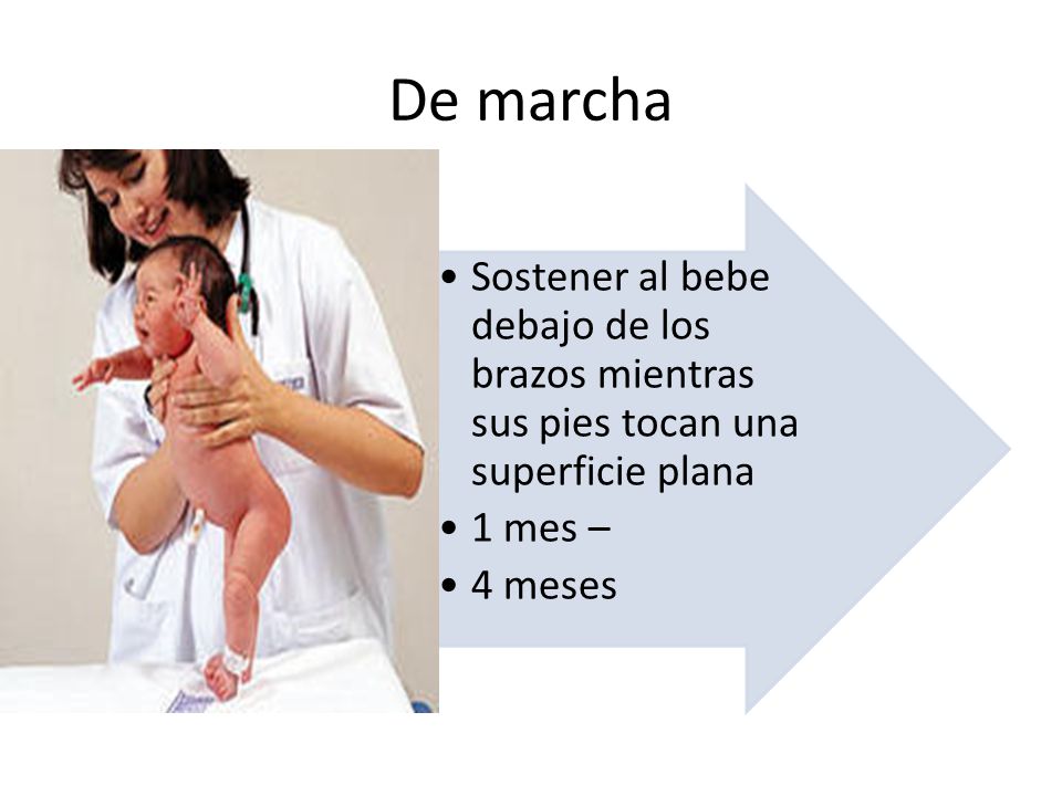 De marcha Sostener al bebe debajo de los brazos mientras sus pies tocan una superficie plana 1 mes – 4 meses