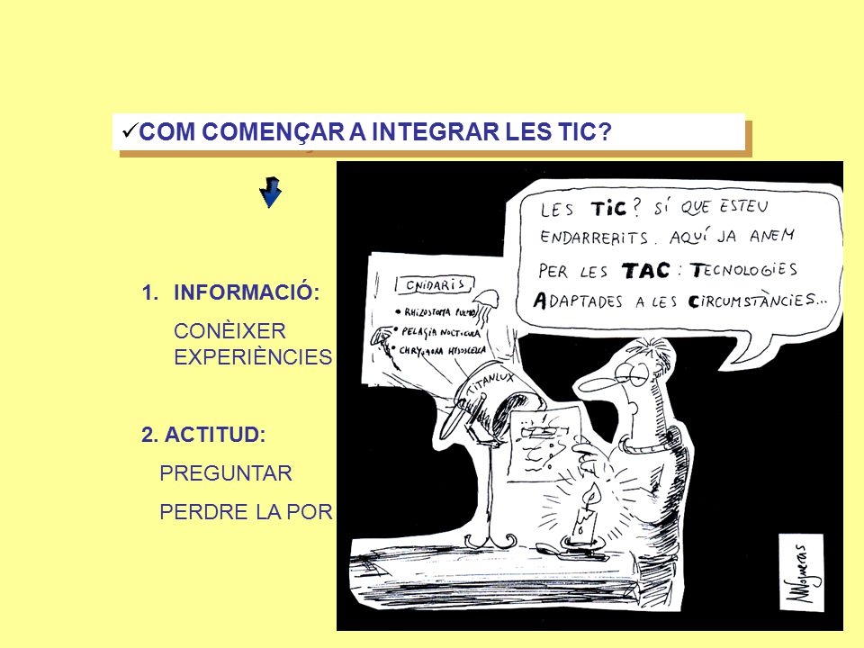 COM COMENÇAR A INTEGRAR LES TIC. 1.INFORMACIÓ: CONÈIXER EXPERIÈNCIES 2.