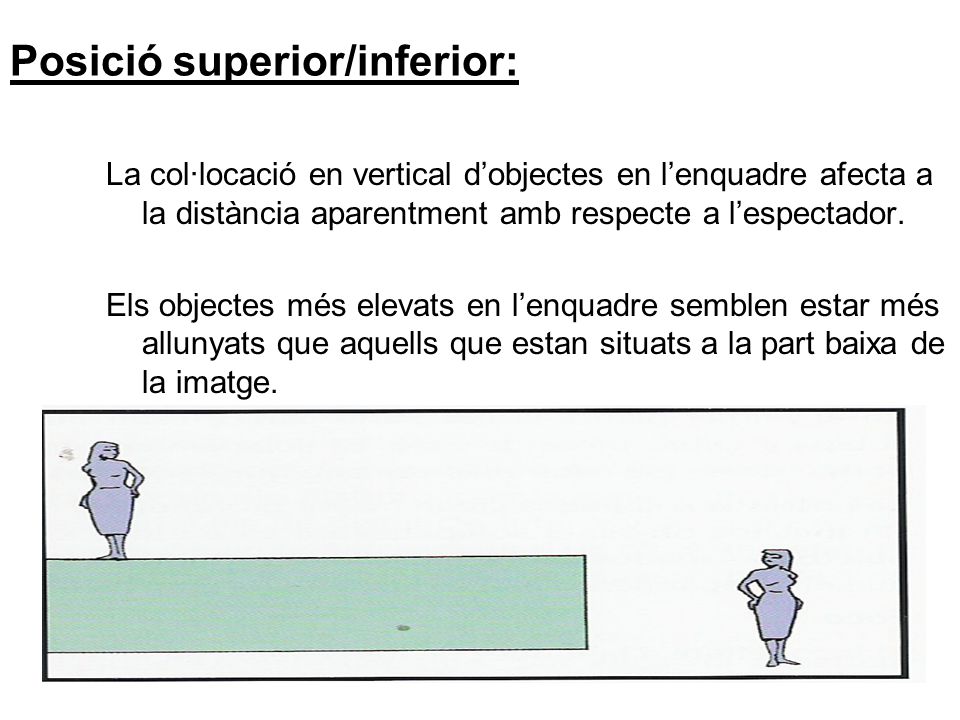 Posició superior/inferior: La col·locació en vertical d’objectes en l’enquadre afecta a la distància aparentment amb respecte a l’espectador.