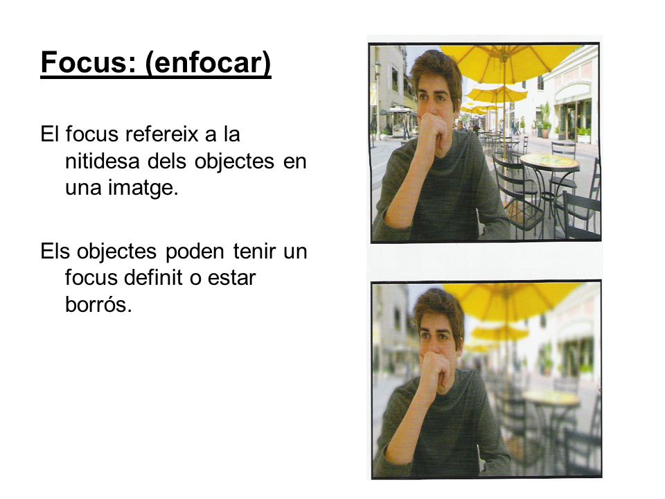 Focus: (enfocar) El focus refereix a la nitidesa dels objectes en una imatge.