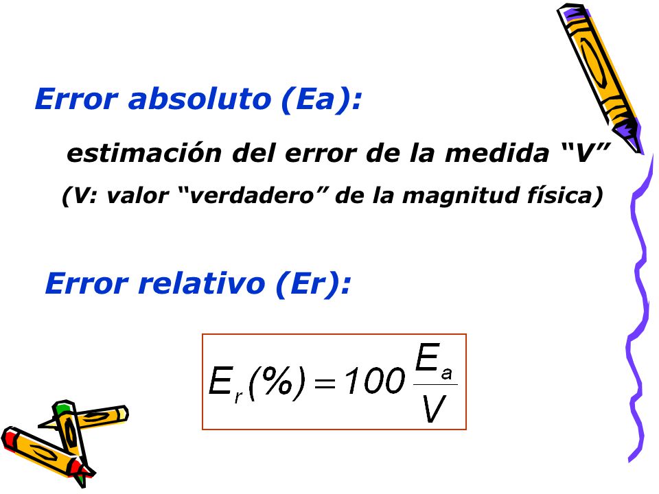 Error absoluto (Ea): estimación del error de la medida V (V: valor verdadero de la magnitud física) Error relativo (Er):
